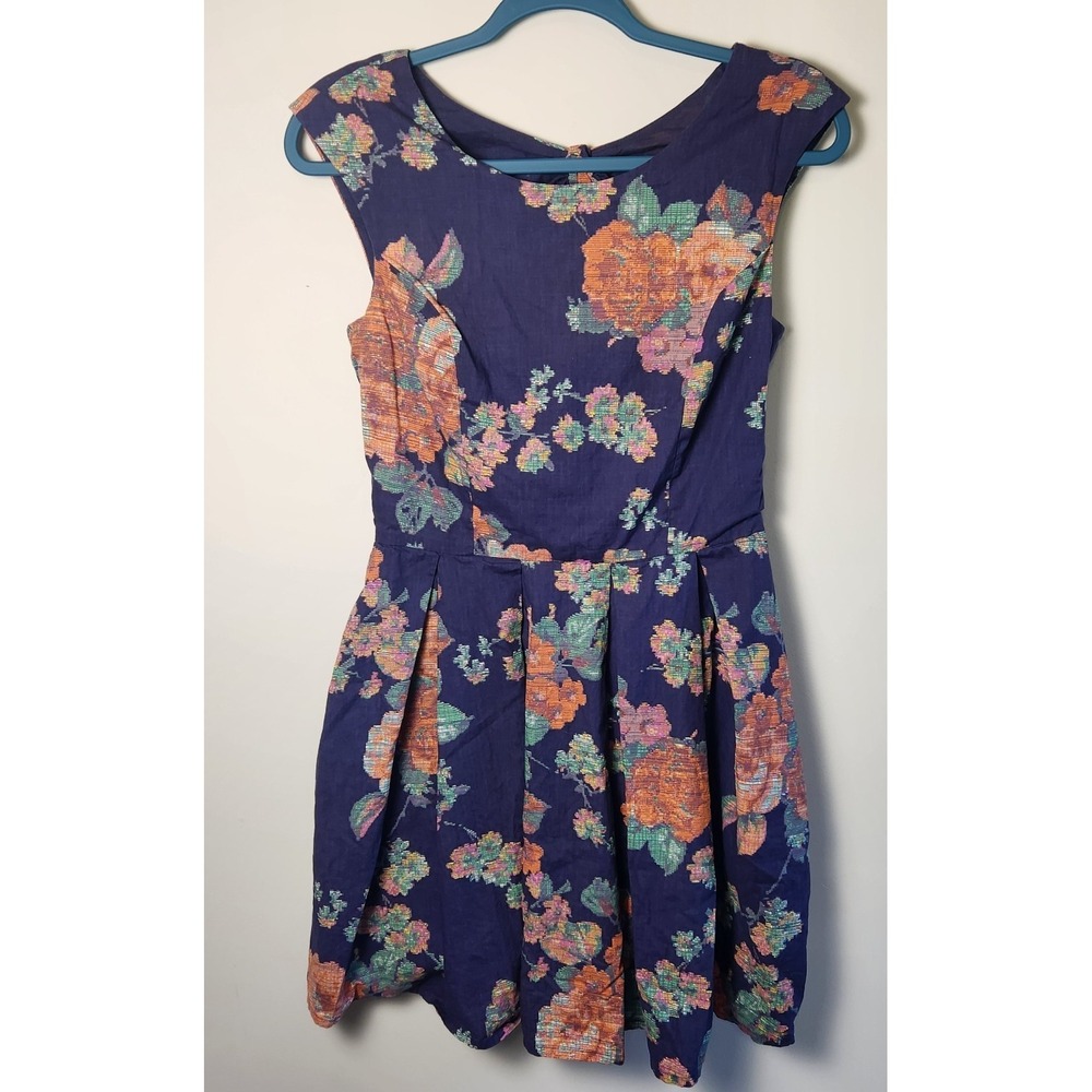 American Rag Fit & Flare Dress Women's Size M Navy Orange Teal Bow Cutout Back